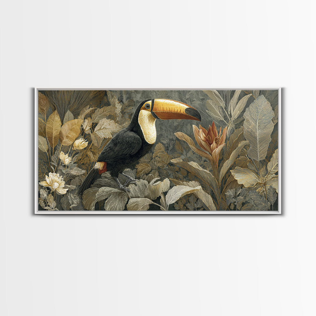 Toucan Framed by Bold Jungle Foliage Framed Canvas Print, Bird Art, Bird Wall Art, Living Room Decor, Fine Art, Flight, BIR-2x1-19