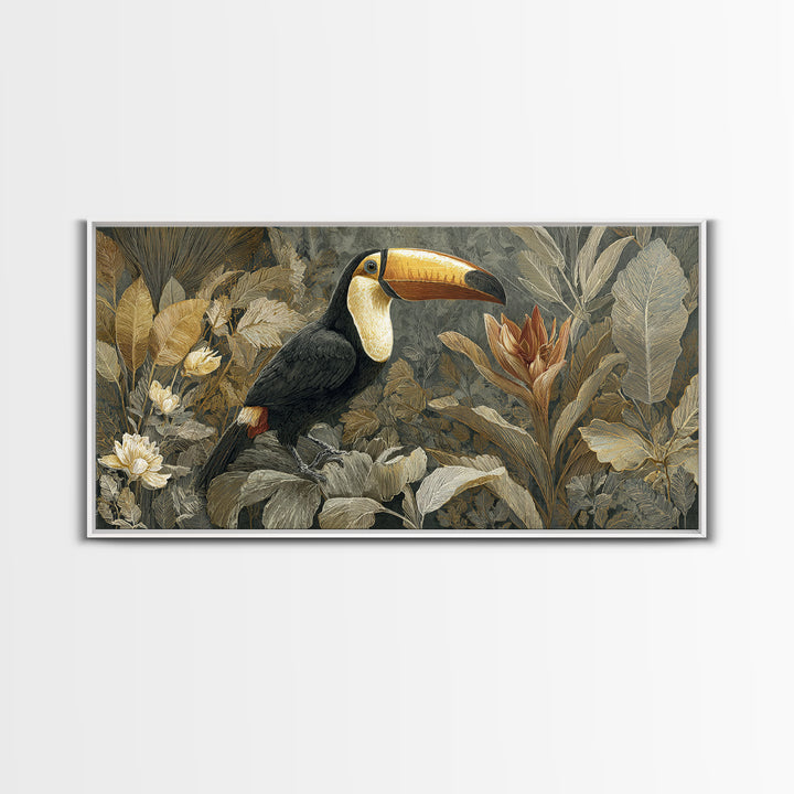 Toucan Framed by Bold Jungle Foliage Framed Canvas Print, Bird Art, Bird Wall Art, Living Room Decor, Fine Art, Flight, BIR-2x1-19