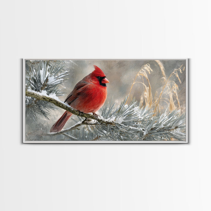 Red Cardinal on Snowy Pine Branch Canvas Print, Bird Art, Wall Art, Living Room Decor, Fine Art, Flight, Japanese Wall Art, BIR-2x1-21