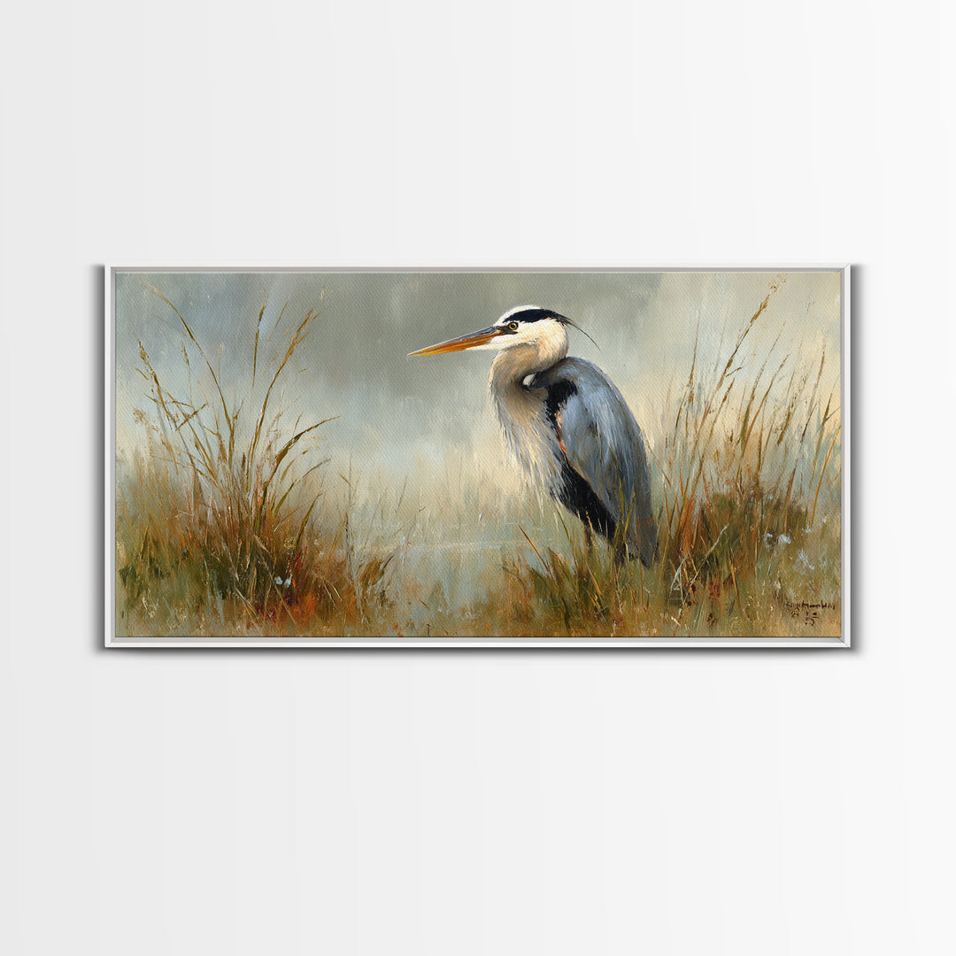 Blue Heron in Misty Marsh Grass Canvas Print, Bird Art, Boho Decor, Living Room Decor, Fine Art, Flight, Printable Wall Art, BIR-2x1-22