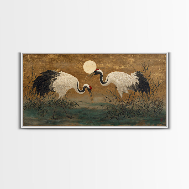 Pair of Cranes Dancing Framed Canvas Print, Bird Art, Art Deco, Living Room Decor, Watercolor Art, Flight, Gallery Wall, BIR-2x1-23