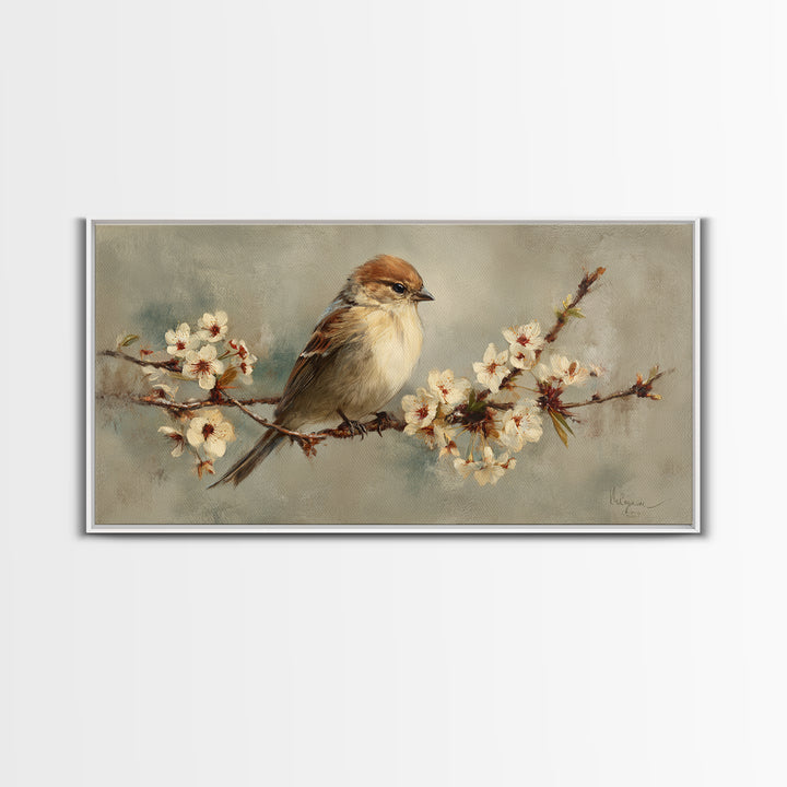 Songbird Perched on Cherry Blossoms Framed Canvas Print, Bird Art, Minimalist Decor, Living Room Decor, Fine Art, Flight, BIR-2x1-28