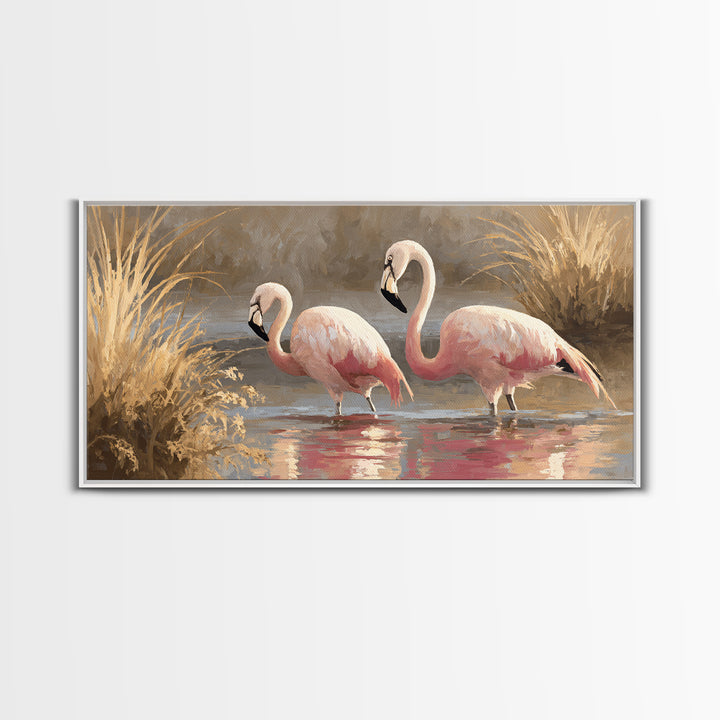 Flamingo Pair in Coral Water Reflections Framed Canvas Print, Bird Art, Luxury Decor, Living Room Decor, Fine Art, Flight, BIR-2x1-30