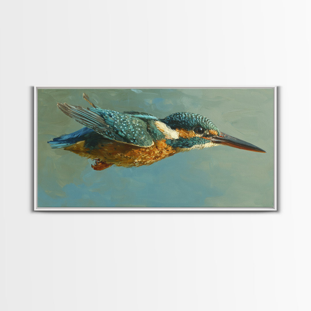 Kingfisher Diving Toward Blue Water Canvas Print, Bird Art, Digital Print, Living Room Decor, Fine Art, Flight, Bird Prints, BIR-2x1-31