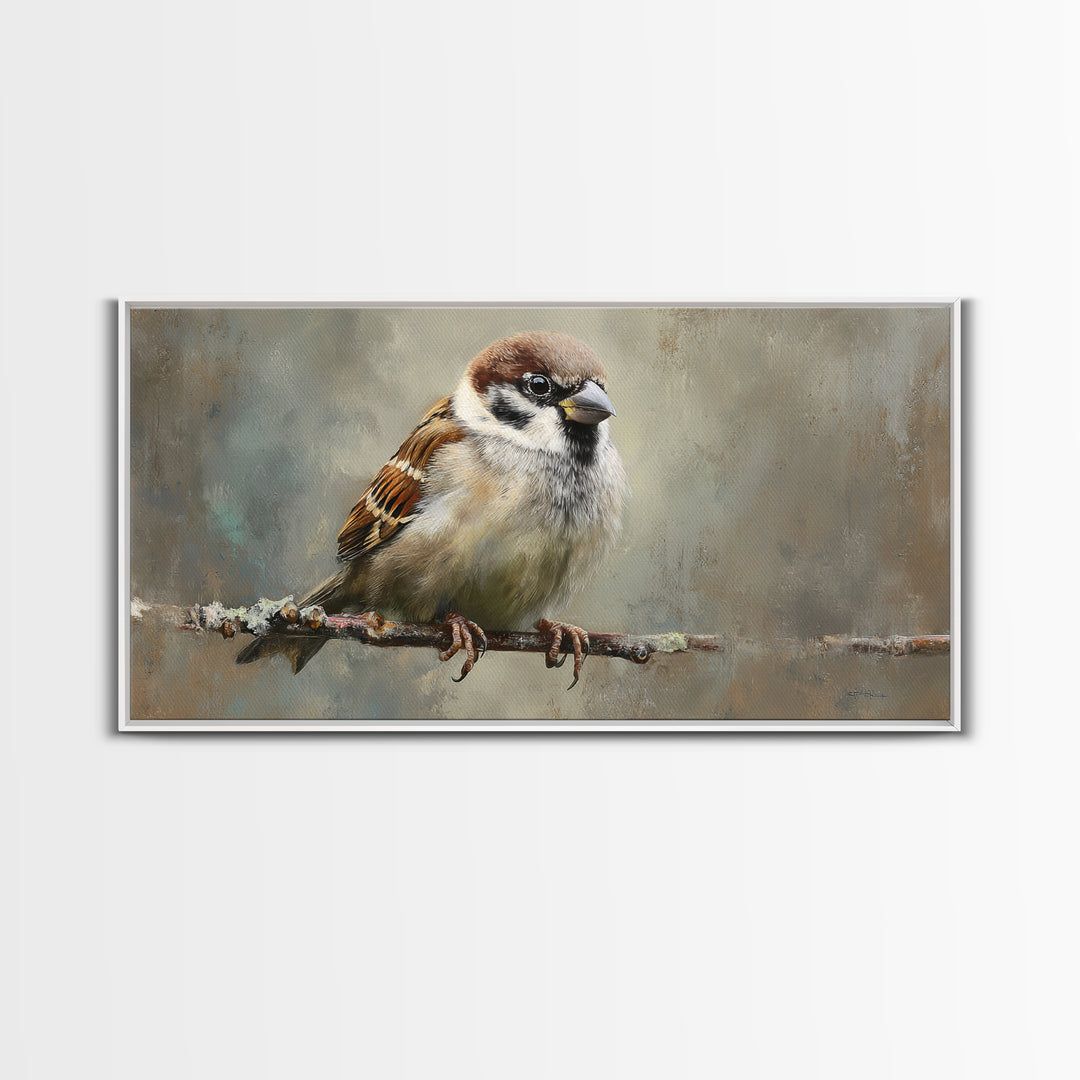 Small Sparrow on Wildflower Stem Framed Canvas Print, Bird Art, Art Print, Living Room Decor, Watercolor Art, Flight, BIR-2x1-34