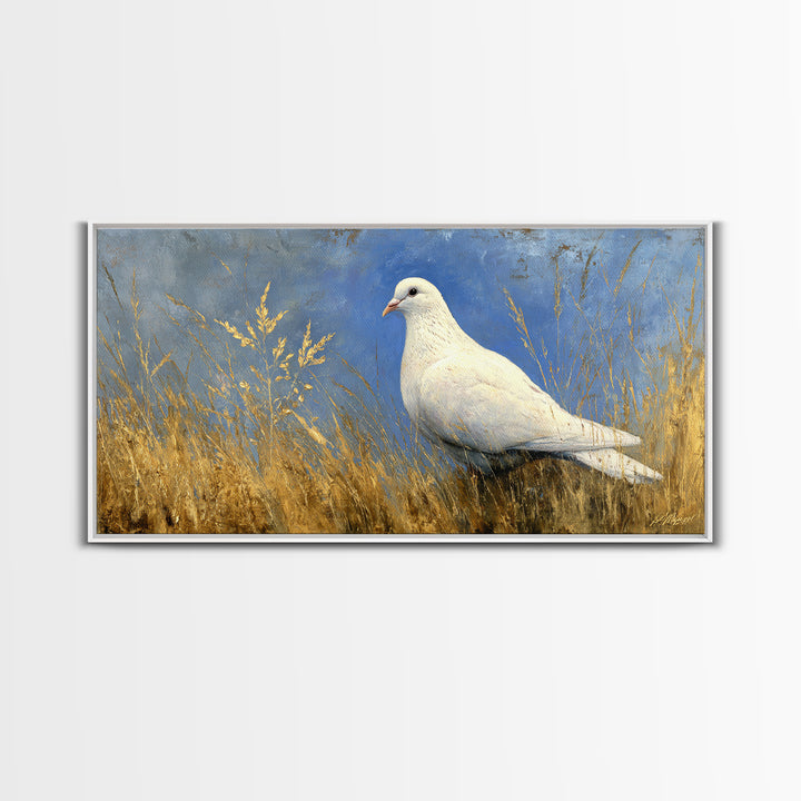 White Dove with Olive Branch and Calm Canvas Print, Bird Art, Wall Art, Living Room Decor, Fine Art, Flight, Japanese Wall Art, BIR-2x1-36