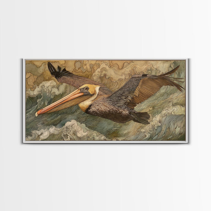 Pelican Flying over Coastal Waves Framed Canvas Print, Bird Art, Fine Art Print, Living Room Decor, Watercolor Art, Flight, BIR-2x1-38