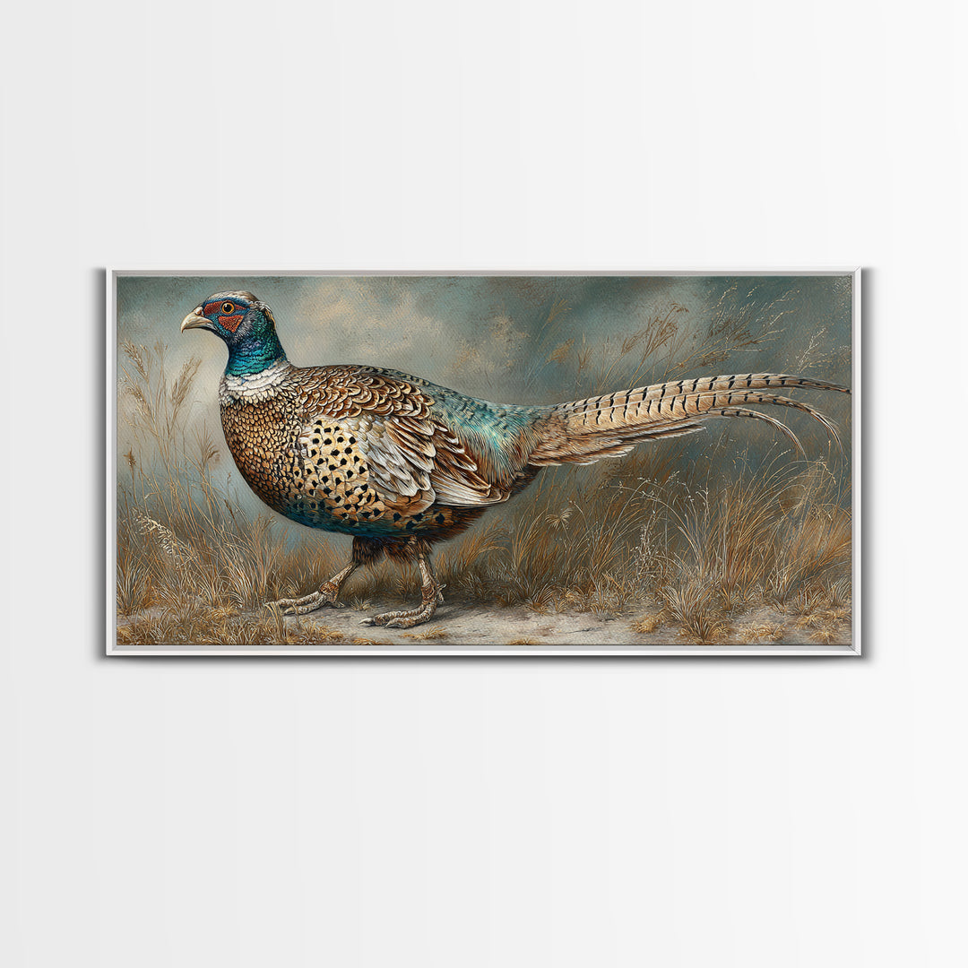 Pheasant with Ornate Feather Details Canvas Print, Bird Art, Printable Wall Art, Living Room Decor, Oil Painting, Flight, BIR-2x1-39