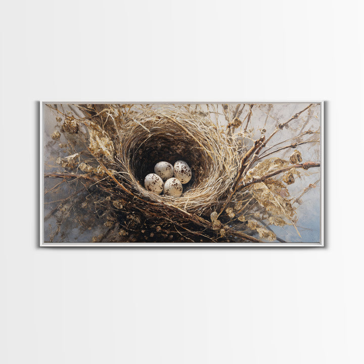 Bird Nest with Eggs and Delicate Twigs Framed Canvas Print, Bird Art, Statement Artwork, Living Room Decor, Fine Art, Flight, BIR-2x1-42