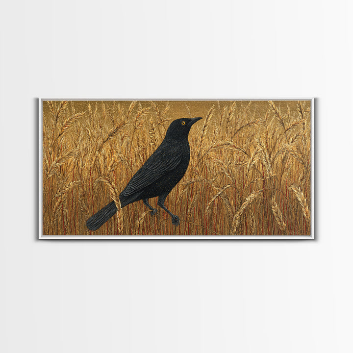 Blackbird on Gold Wheat Field Canvas Print, Bird Art, Textured Painting, Living Room Decor, Abstract Art, Flight, Printable Art, BIR-2x1-44