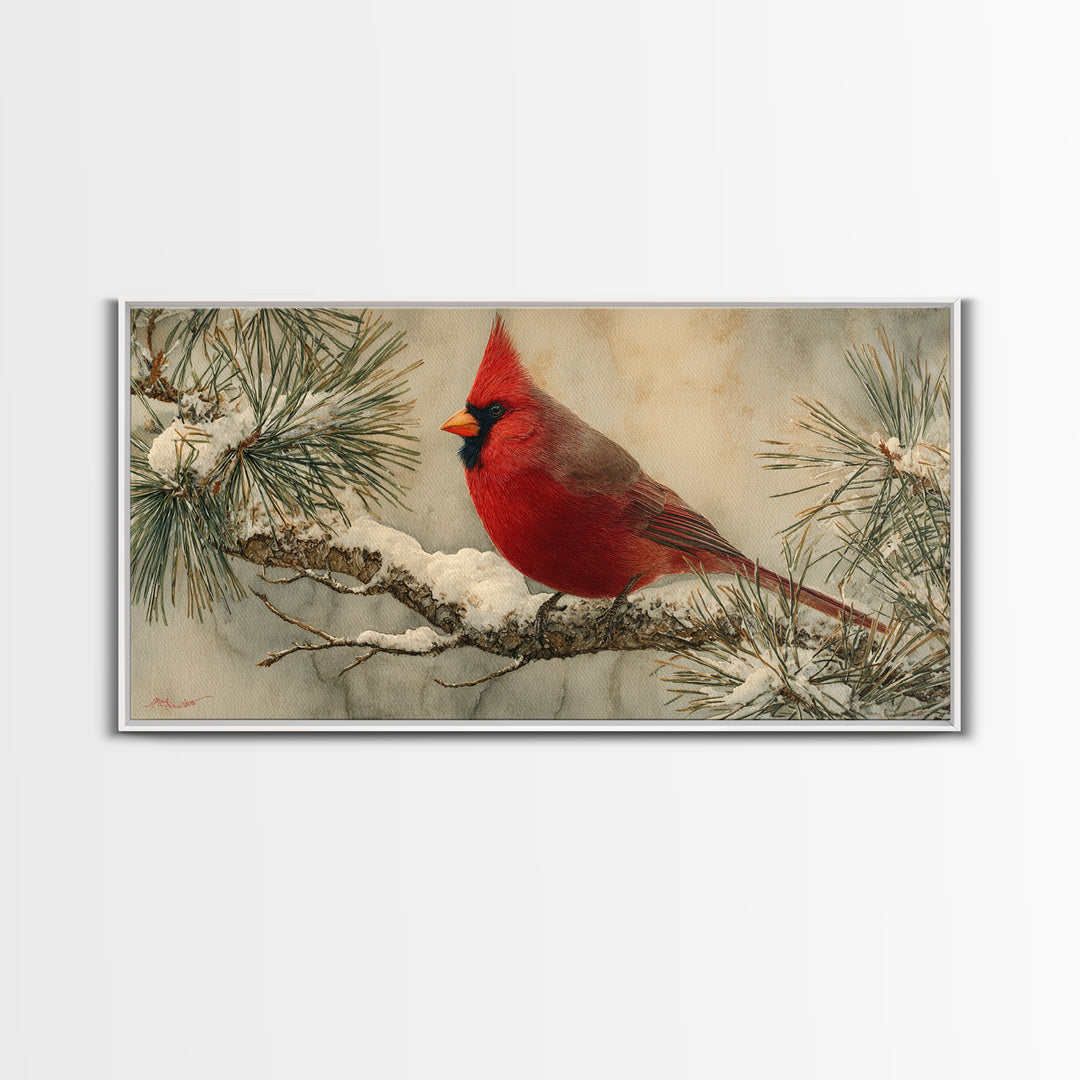 Red Cardinal on Snowy Pine Branch Framed Canvas Print, Bird Art, Art Deco, Living Room Decor, Oil Painting, Flight, BIR-2x1-45