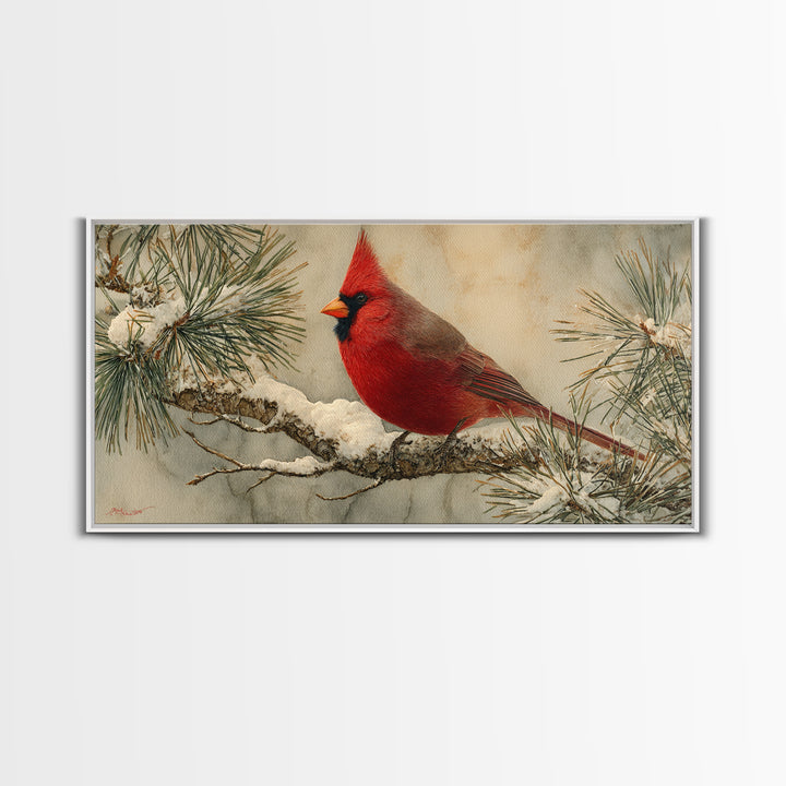 Red Cardinal on Snowy Pine Branch Framed Canvas Print, Bird Art, Art Deco, Living Room Decor, Oil Painting, Flight, BIR-2x1-45