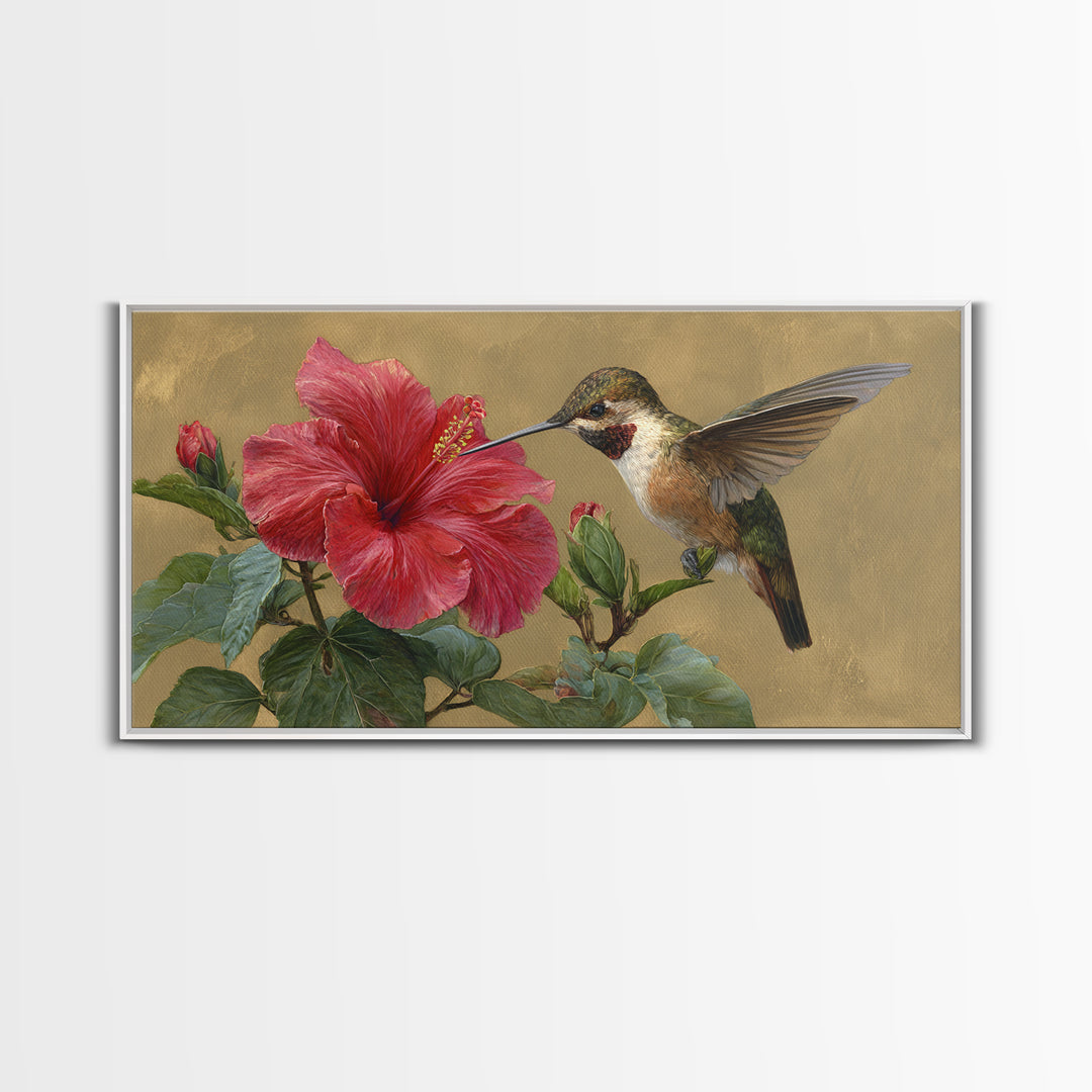 Hummingbird Hovering Beside Bright Hibiscus Canvas Print, Bird Art, Digital Prints, Living Room Decor, Fine Art, Flight, BIR-2x1-48