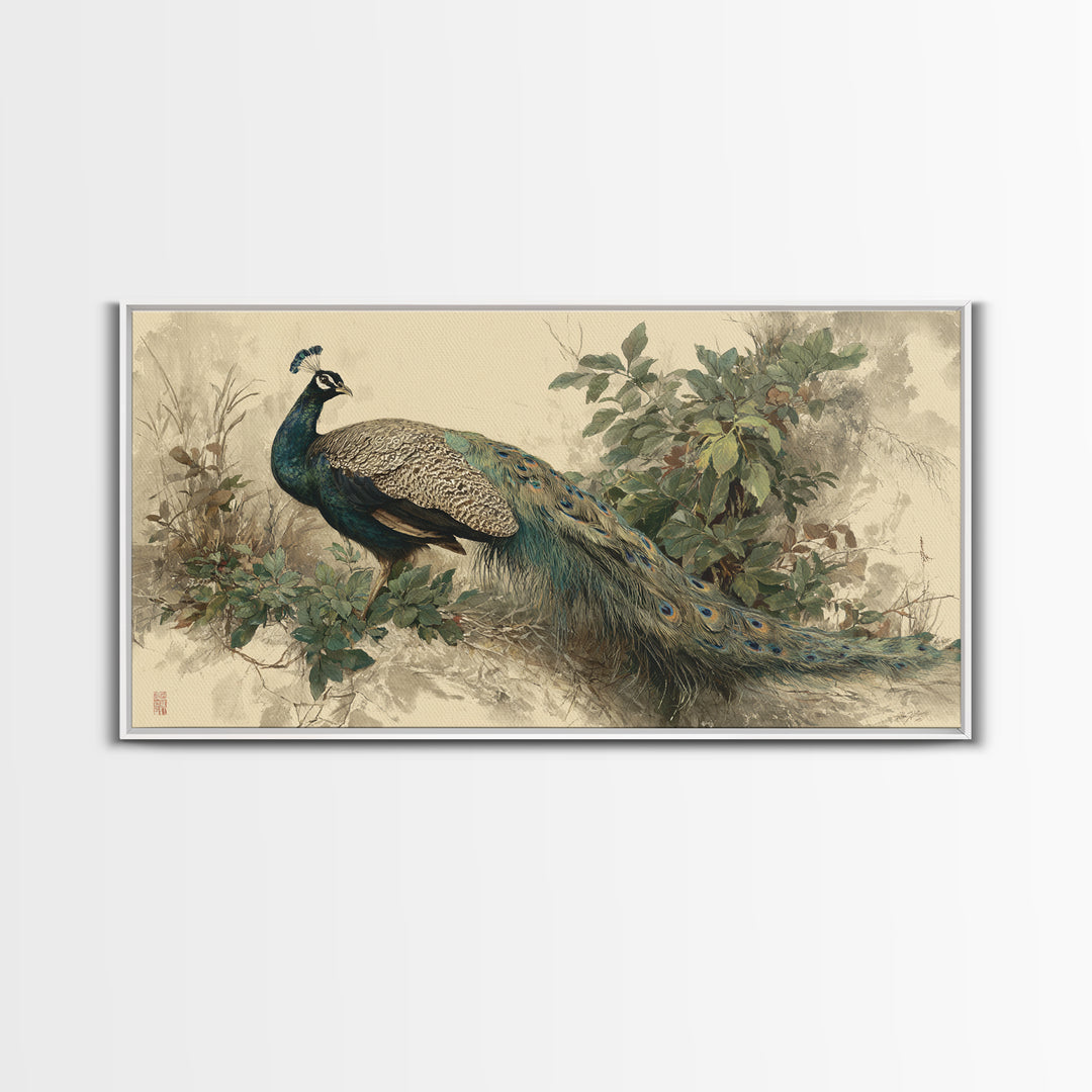 Peacock with Jewel Tone Feather Pattern Framed Canvas Print, Bird Art, Japanese Wall Art, Living Room Decor, Watercolor Art, BIR-2x1-51