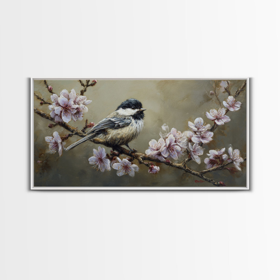 Songbird Perched on Cherry Blossoms Canvas Print, Bird Art, Printable Wall Art, Living Room Decor, Fine Art, Flight, Modern Art, BIR-2x1-52