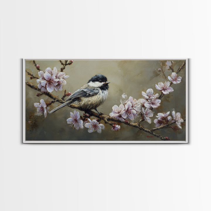 Songbird Perched on Cherry Blossoms Canvas Print, Bird Art, Printable Wall Art, Living Room Decor, Fine Art, Flight, Modern Art, BIR-2x1-52