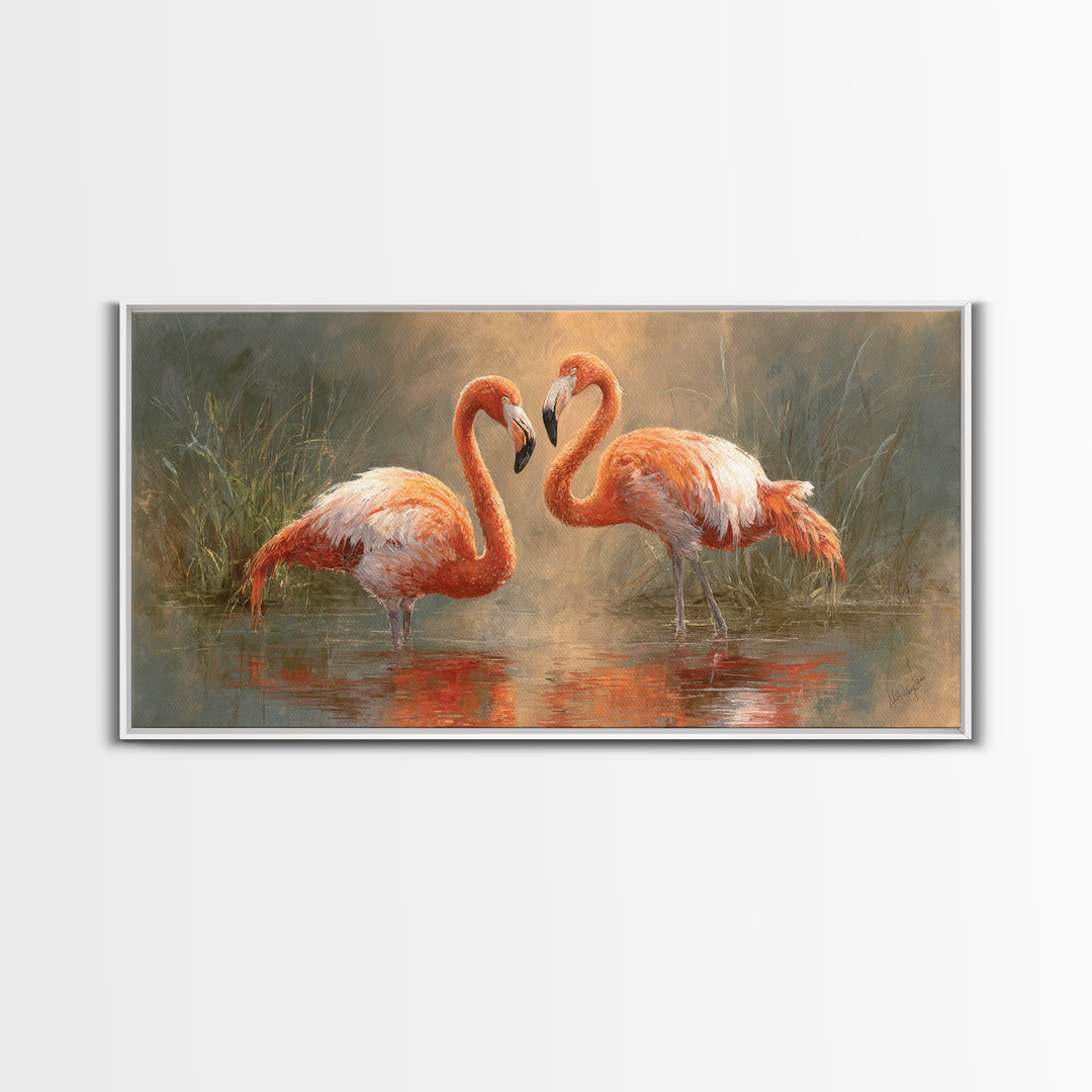 Flamingo Pair in Coral Water Reflections Canvas Print, Bird Art, Contemporary Art, Living Room Decor, Fine Art, Flight, BIR-2x1-54