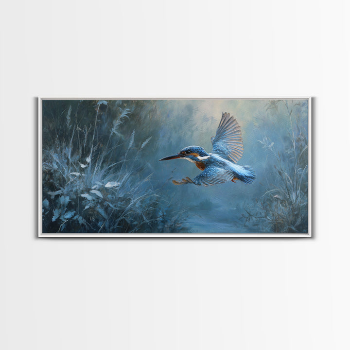 Kingfisher Diving Toward Blue Water Framed Canvas Print, Bird Art, Modern Wall Art, Living Room Decor, Fine Art, Flight, BIR-2x1-55