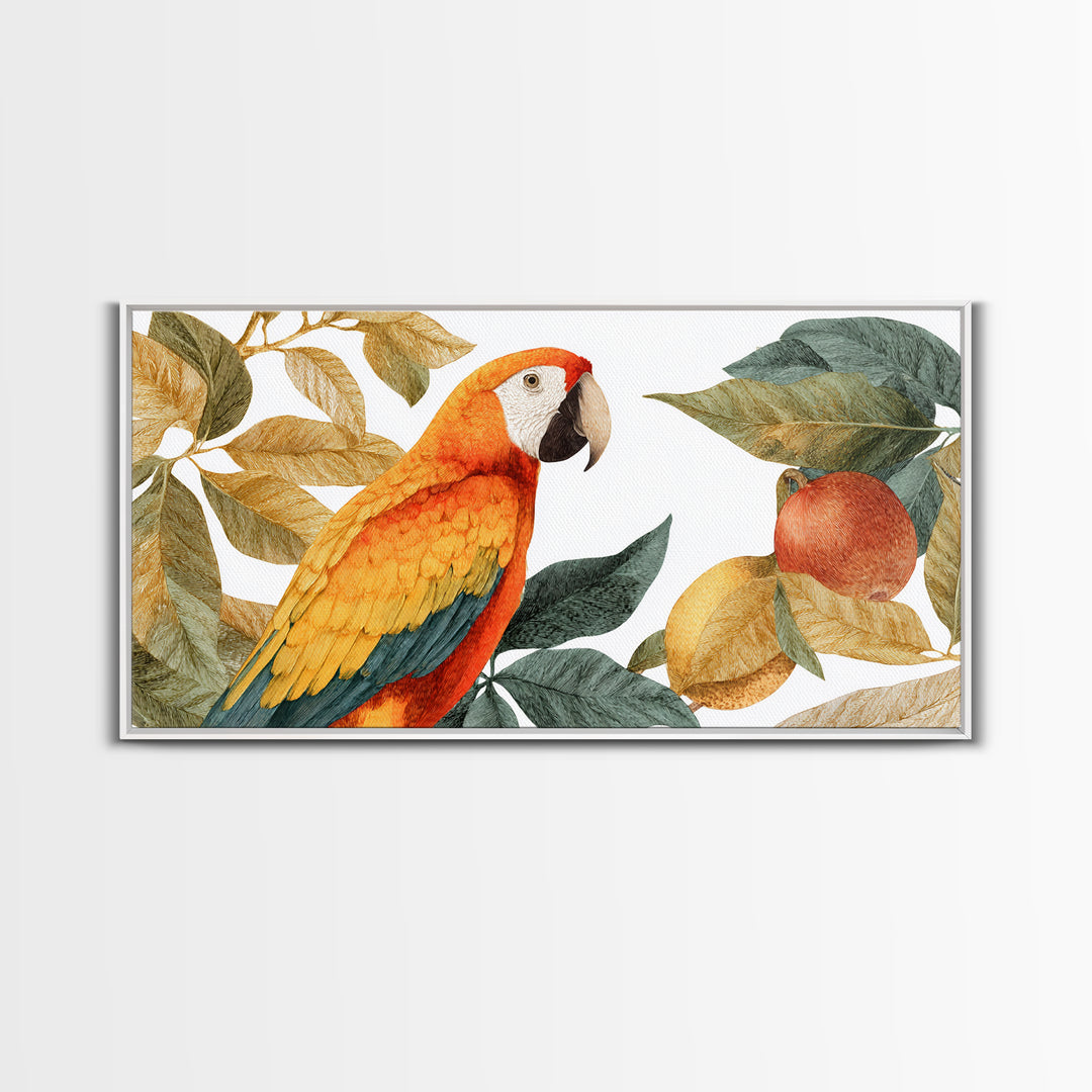 Parrot Among Tropical Leaves and Fruit Canvas Print, Bird Art, Digital Prints, Living Room Decor, Fine Art, Flight, Modern Art, BIR-2x1-57