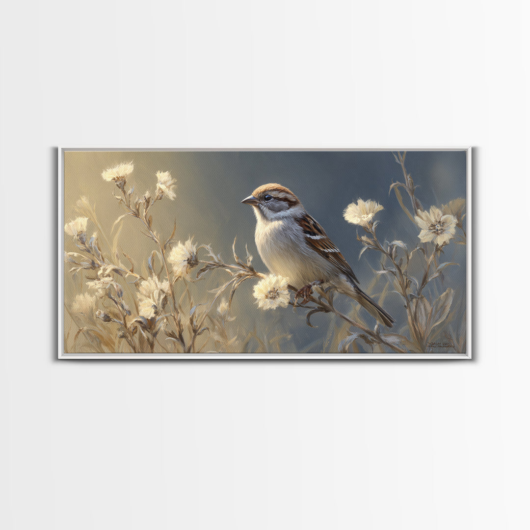 Small Sparrow on Wildflower Stem Canvas Print, Bird Art, Wall Art, Living Room Decor, Watercolor Art, Flight, Japanese Wall Art, BIR-2x1-58