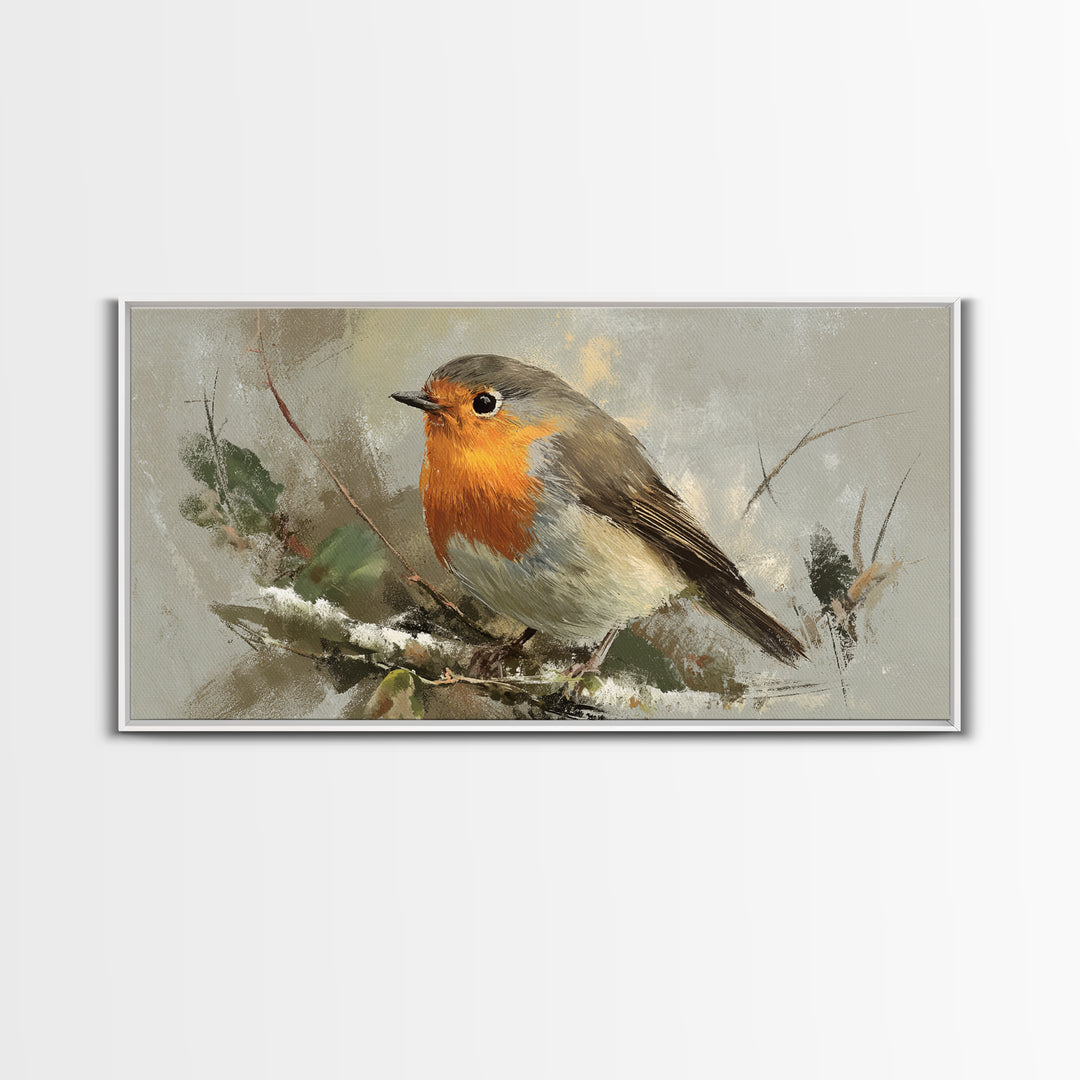 Robin in a Spring Garden with Soft Framed Canvas Print, Bird Art, Bird Prints, Living Room Decor, Watercolor Art, Flight, BIR-2x1-59
