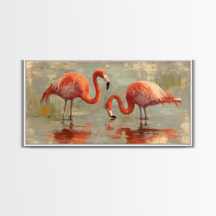 Flamingo Pair in Coral Water Reflections Framed Canvas Print, Bird Art, Luxury Decor, Living Room Decor, Fine Art, Flight, BIR-2x1-6