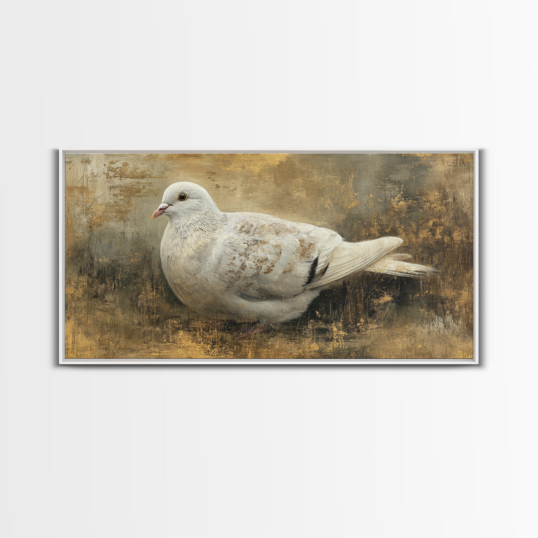 White Dove with Olive Branch and Calm Framed Canvas Print, Bird Art, Art Deco, Living Room Decor, Flight, Gallery Wall, BIR-2x1-60