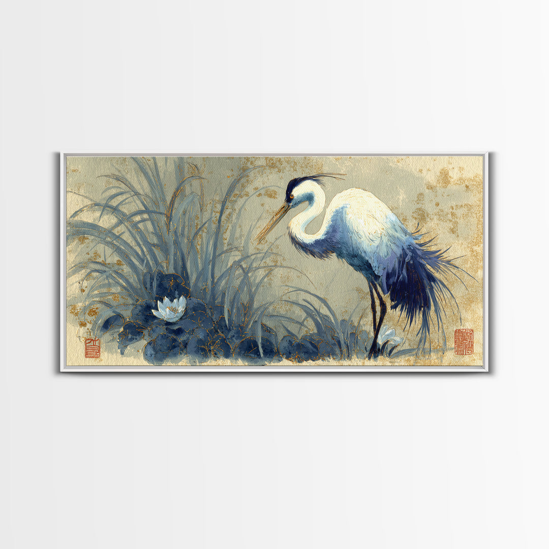 Crane and Lotus Composition Canvas Print, Bird Art, Printable Wall Art, Living Room Decor, Fine Art, Flight, Modern Art, BIR-2x1-61