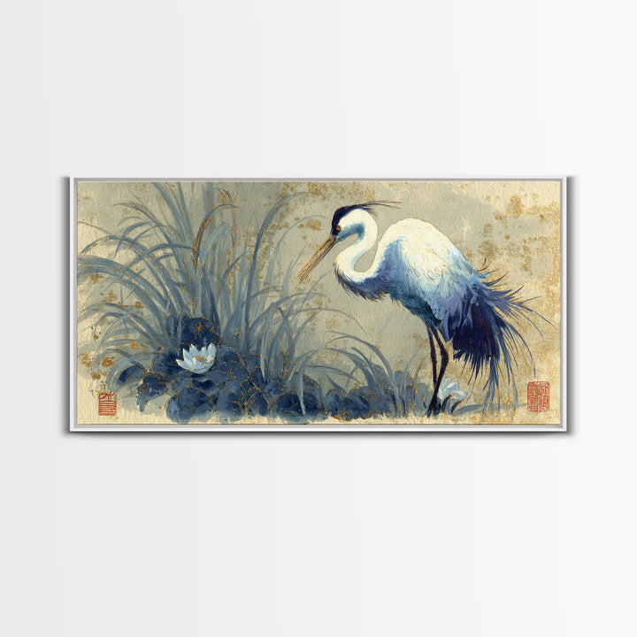 Crane and Lotus Composition Canvas Print, Bird Art, Printable Wall Art, Living Room Decor, Fine Art, Flight, Modern Art, BIR-2x1-61