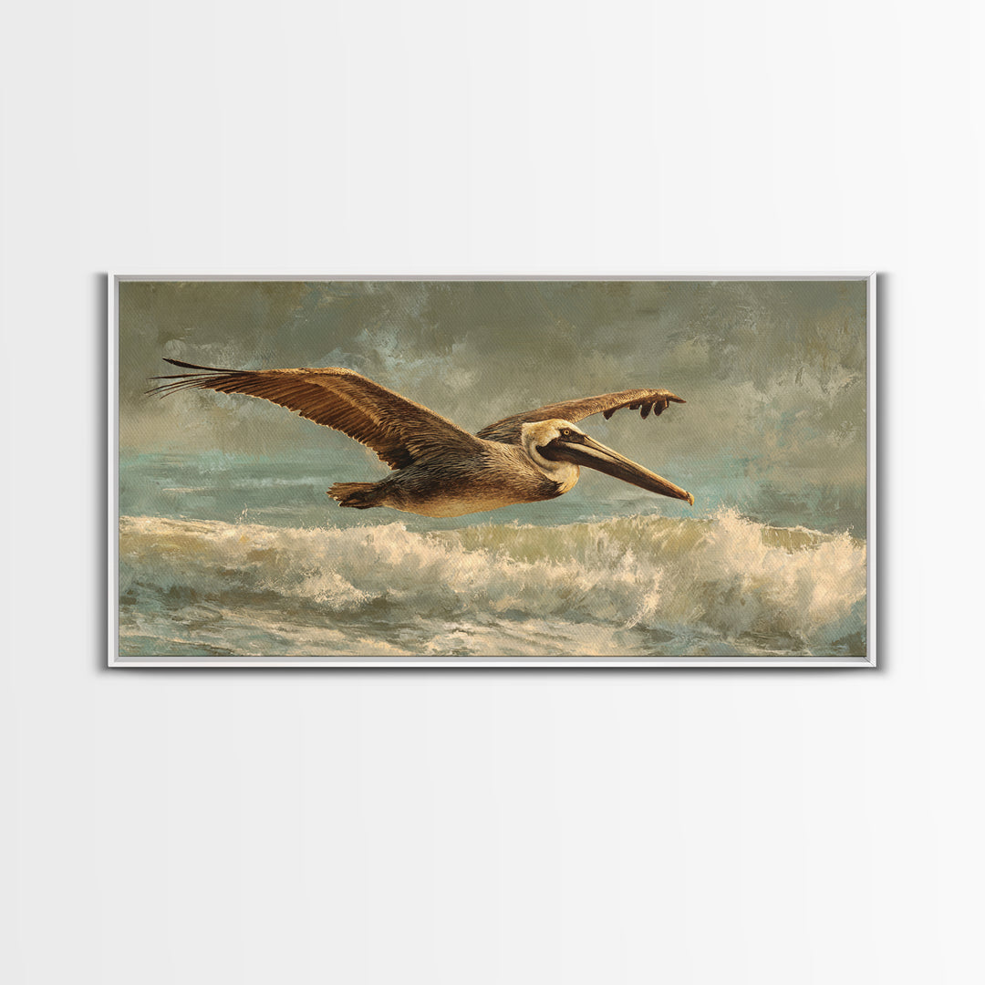 Pelican Flying over Coastal Waves Canvas Print, Bird Art, Room Decor, Living Room Decor, Oil Painting, Flight, Digital Print, BIR-2x1-62