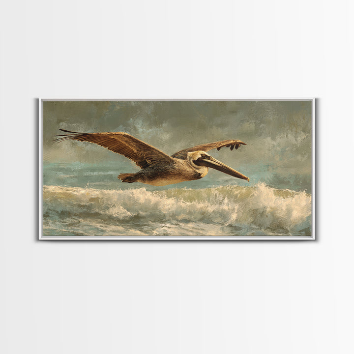 Pelican Flying over Coastal Waves Canvas Print, Bird Art, Room Decor, Living Room Decor, Oil Painting, Flight, Digital Print, BIR-2x1-62