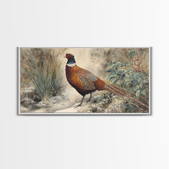 Pheasant with Ornate Feather Details Canvas Print, Bird Art, Living Room Decor, Fine Art, Flight, Rustic Home Decor, Floral Art, BIR-2x1-63