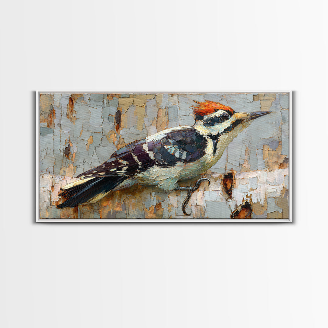 Woodpecker on Birch Bark Texture Framed Canvas Print, Bird Art, Mid Century Modern, Living Room Decor, Abstract Art, Flight, BIR-2x1-65