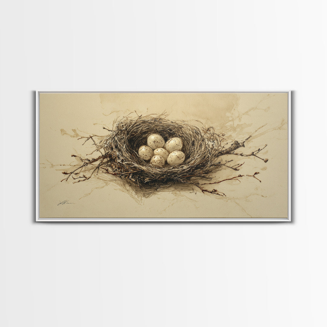 Bird Nest with Eggs and Delicate Twigs Canvas Print, Bird Art, Textured Painting, Living Room Decor, Watercolor Art, Flight, BIR-2x1-66