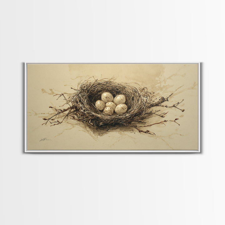 Bird Nest with Eggs and Delicate Twigs Canvas Print, Bird Art, Textured Painting, Living Room Decor, Watercolor Art, Flight, BIR-2x1-66