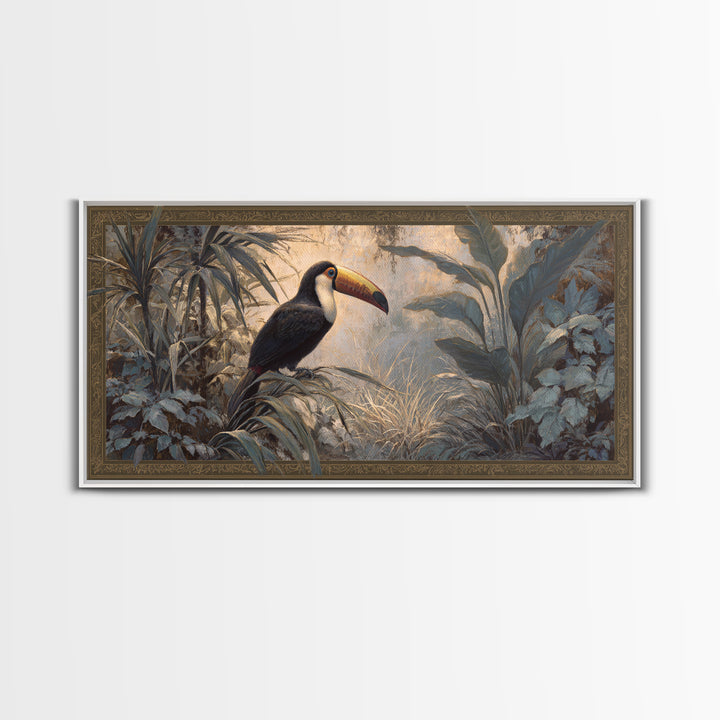 Toucan Framed by Bold Jungle Foliage Framed Canvas Print, Bird Art, Rustic Home Decor, Living Room Decor, Fine Art, Flight, BIR-2x1-67