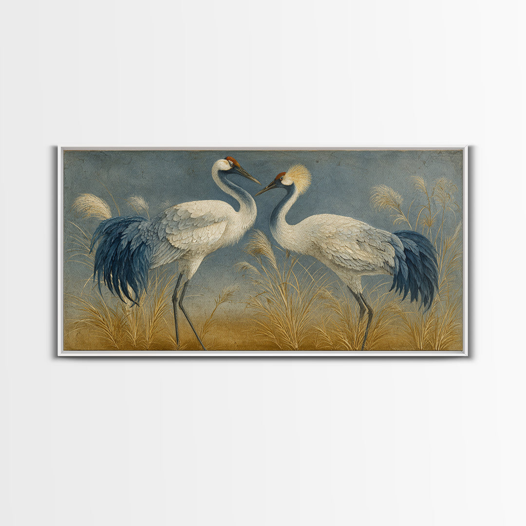 Pair of Cranes Dancing Canvas Print, Bird Art, Nature Prints, Living Room Decor, Abstract Art, Flight, Boho Decor, BIR-2x1-71