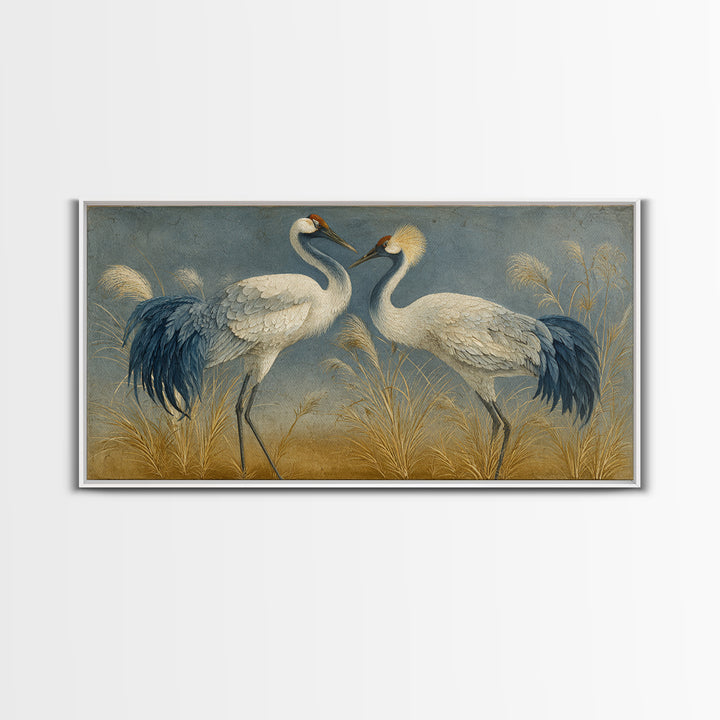 Pair of Cranes Dancing Canvas Print, Bird Art, Nature Prints, Living Room Decor, Abstract Art, Flight, Boho Decor, BIR-2x1-71