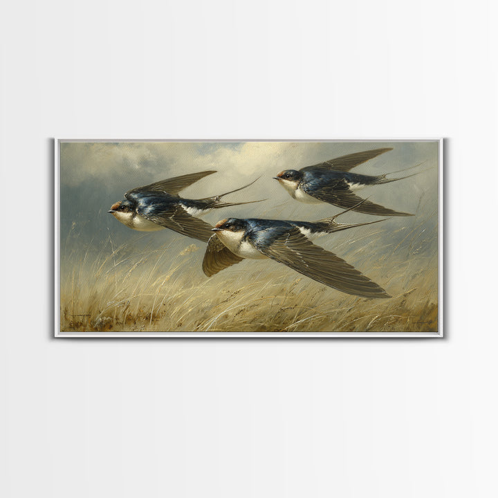 Flock of Swallows Sweeping Across Open Sky Canvas Print, Bird Art, Living Room Decor, Watercolor Art, Flight, BIR-2x1-74