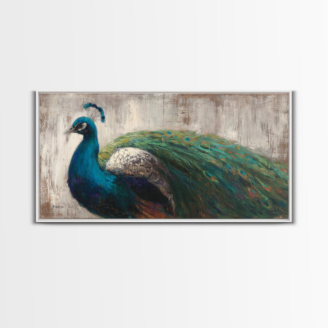 Peacock with Jewel Tone Feather Pattern Framed Canvas Print, Bird Art, Boho Decor, Living Room Decor, Fine Art, Flight, BIR-2x1-75