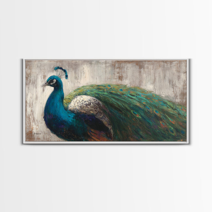 Peacock with Jewel Tone Feather Pattern Framed Canvas Print, Bird Art, Boho Decor, Living Room Decor, Fine Art, Flight, BIR-2x1-75
