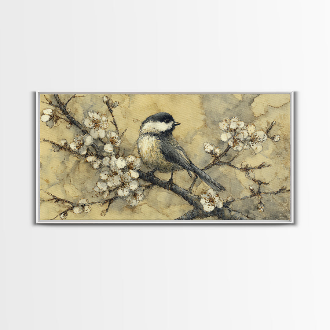 Songbird Perched on Cherry Blossoms Canvas Print, Bird Art, Living Room Decor, Fine Art, Flight, Rustic Home Decor, Floral Art, BIR-2x1-76