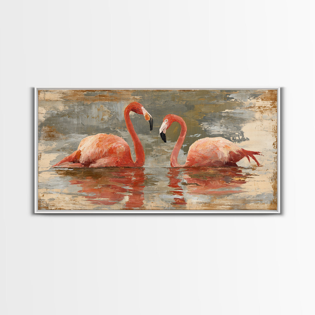Flamingo Pair in Coral Water Reflections Canvas Print, Bird Art, Contemporary Art, Living Room Decor, Fine Art, Flight, BIR-2x1-78
