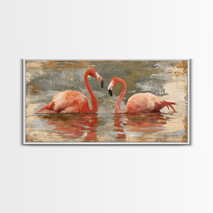 Flamingo Pair in Coral Water Reflections Canvas Print, Bird Art, Contemporary Art, Living Room Decor, Fine Art, Flight, BIR-2x1-78