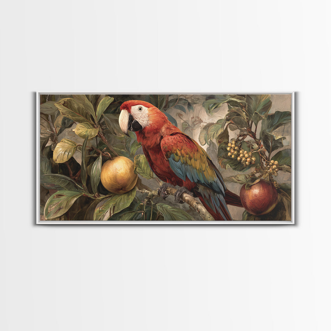 Parrot Among Tropical Leaves and Fruit Framed Canvas Print, Bird Art, Printable Art, Living Room Decor, Watercolor Art, Flight, BIR-2x1-81