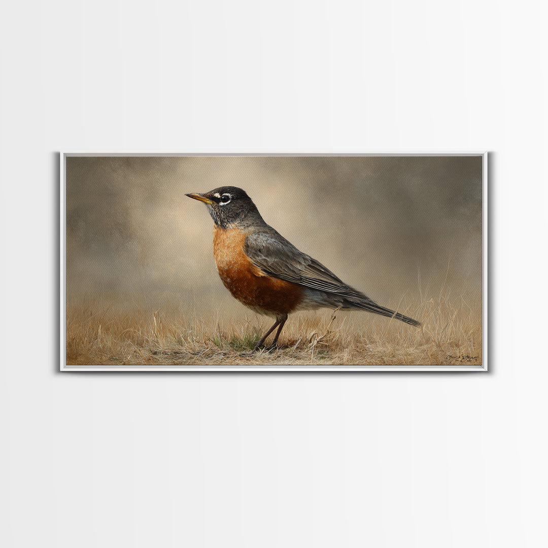 Robin in a Spring Garden with Soft Framed Canvas Print, Bird Art, Contemporary Art, Living Room Decor, Oil Painting, Flight, BIR-2x1-83