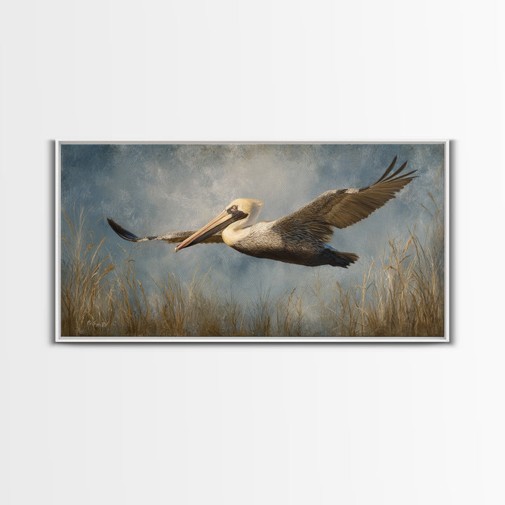 Pelican Flying over Coastal Waves Framed Canvas Print, Bird Art, Home Decor, Living Room Decor, Flight, Modern Wall Art, BIR-2x1-86