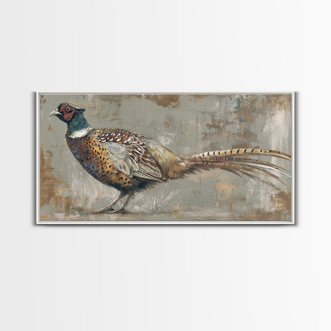 Pheasant with Ornate Feather Details Framed Canvas Print, Bird Art, Mid Century Wall Art, Living Room Decor, Fine Art, Flight, BIR-2x1-87
