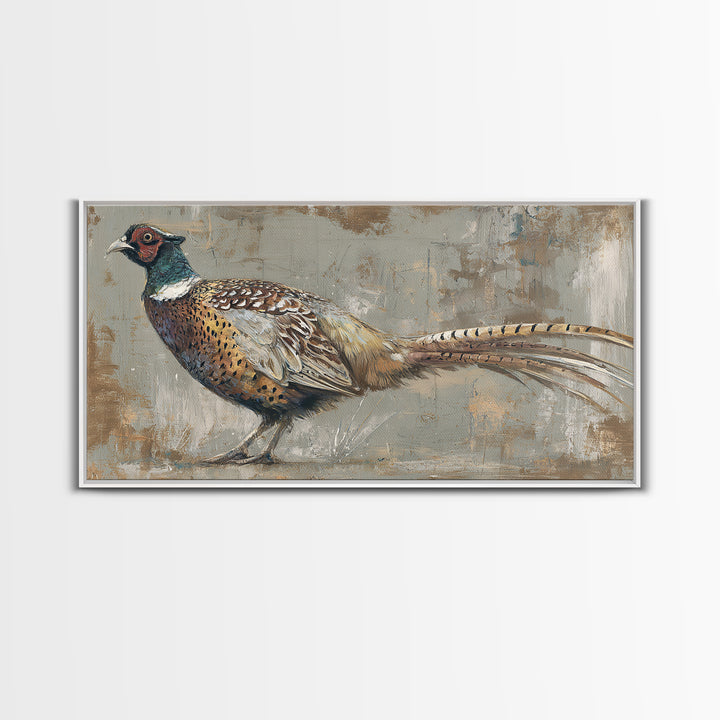 Pheasant with Ornate Feather Details Framed Canvas Print, Bird Art, Mid Century Wall Art, Living Room Decor, Fine Art, Flight, BIR-2x1-87