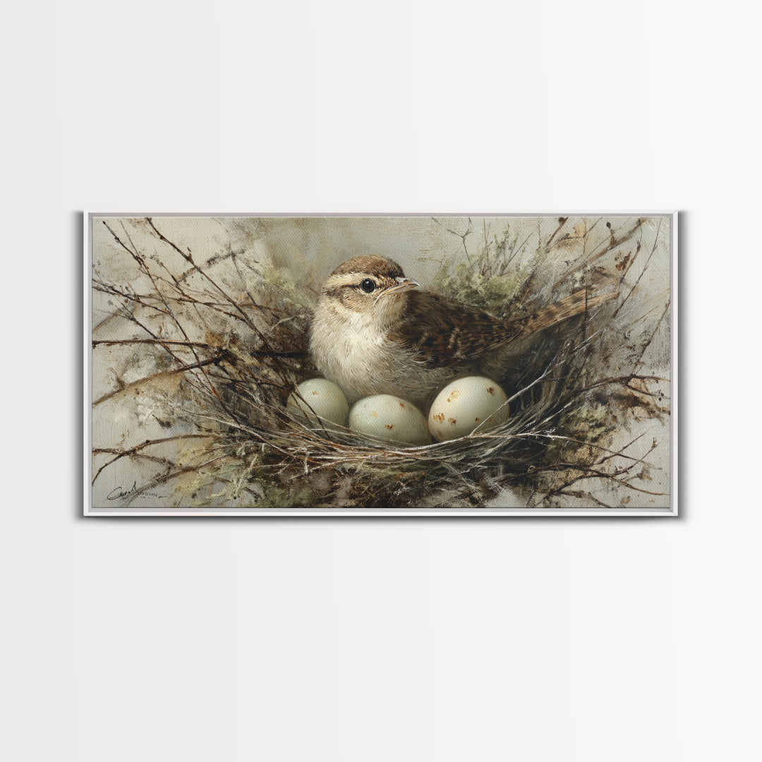 Bird Nest with Eggs and Delicate Twigs Framed Canvas Print, Bird Art, Wall Decor, Living Room Decor, Oil Painting, Flight, BIR-2x1-90